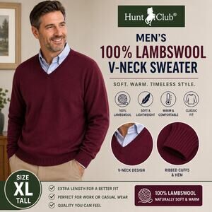 Hunt Club Mens Pure Lambswool Sweater Wine Burgundy V Neck Pullover XL Tall